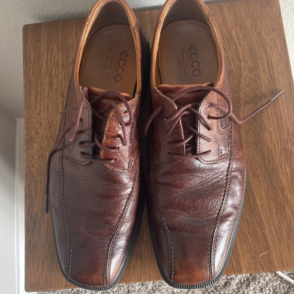 Ecco Men’s Leather Brown Dress Office Shoes, Square Toe, size 42